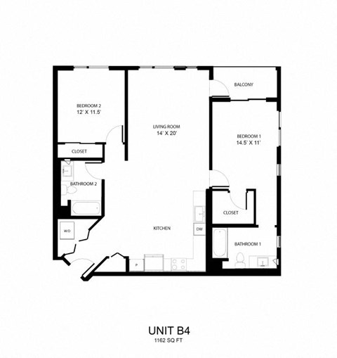 Floor plan for 2 beds, 2 baths, 1162 sqft